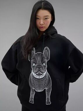 Lifework Big Radog Logo Hoodie Frenchie Dog Black Korean Streetwear Size Medium